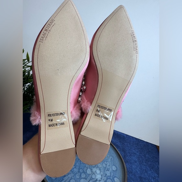 ISAAC MIRAHI Pink SATEEN Mules Sz 8 FAUX FUR & RHINESTONES - Picture 9 of 13